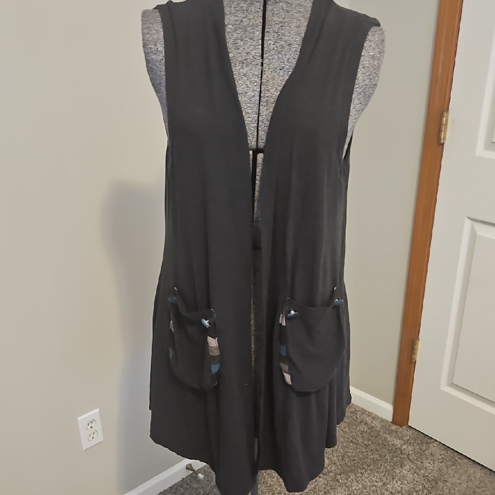 Gray Open Front Cardigan Vest With Pockets